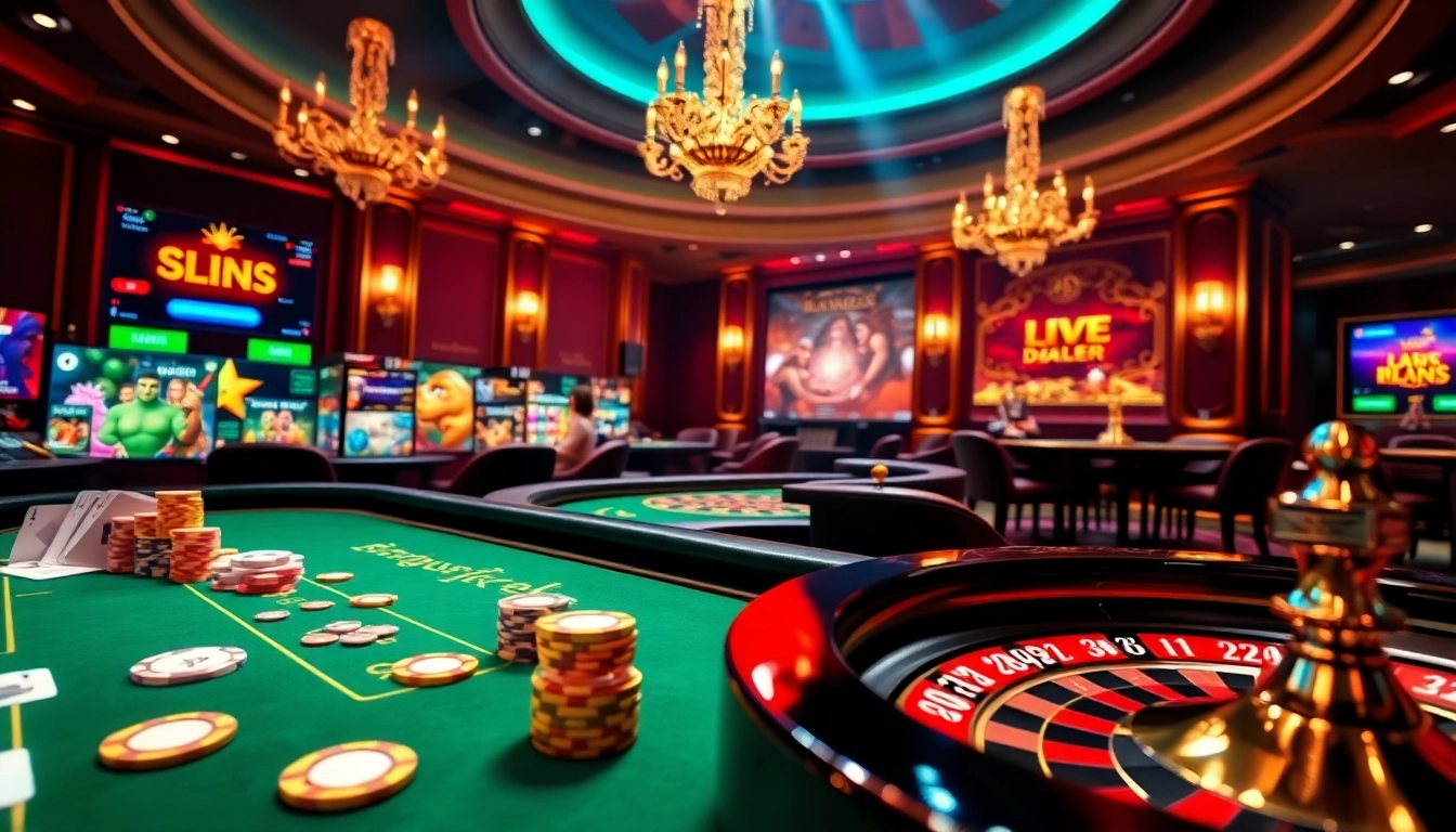 Scène de casino en ligne Français énergique présentant une diversité de jeux et d'éléments pour une expérience de jeu en ligne captivante.