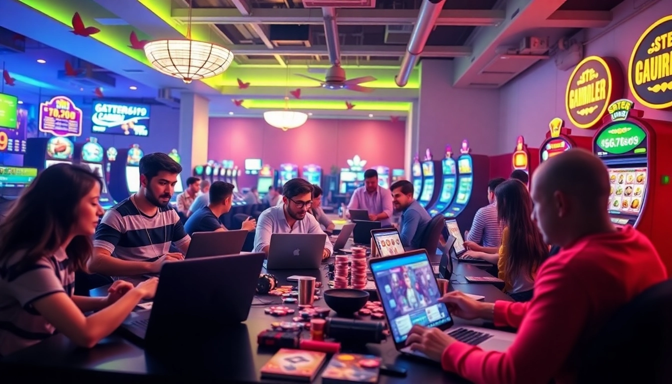 Engaging online gambling scene featuring players on https://057789.com/ with vibrant colors and modern devices.