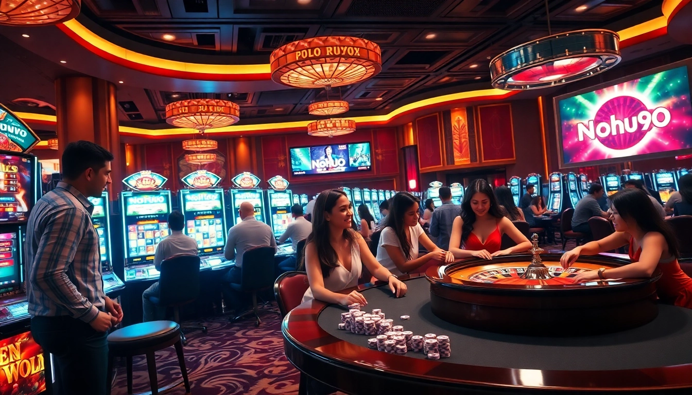 Nohu90 players celebrating wins at luxurious casino tables surrounded by vibrant slot machines.
