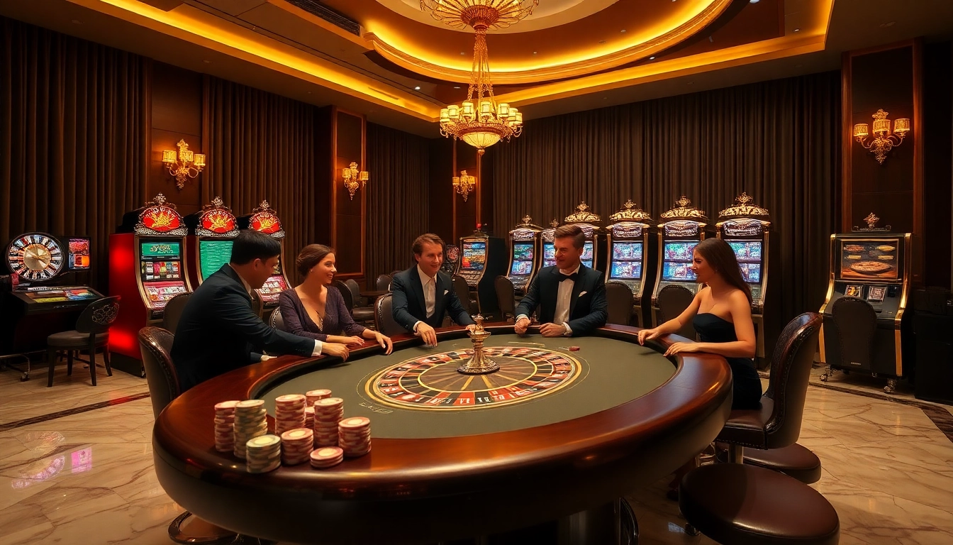 C168 casino players experience thrilling moments at an elegant poker table surrounded by luxurious slot machines.