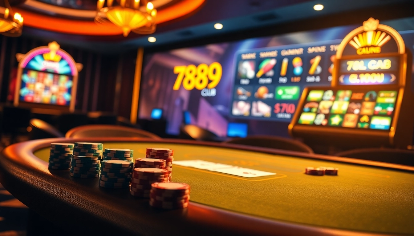 Experience the thrill of winning at 789club's lively gaming table filled with poker chips and cards.