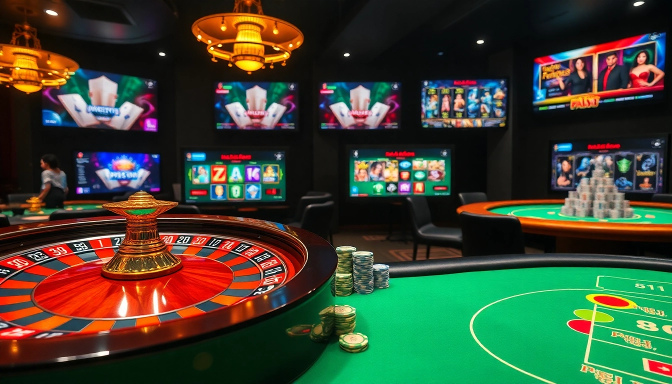 A thrilling online gambling experience at https://red88.day/ showcasing luxurious casino elements like roulette tables and poker chips.