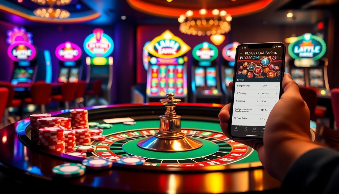 Experience the excitement at FLY88COM with vibrant casino elements like roulette, cards, and chips.