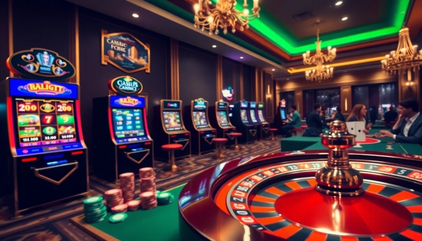 Une scène passionnante de casino en ligne Français avec des machines à sous luxueuses et une roulette.