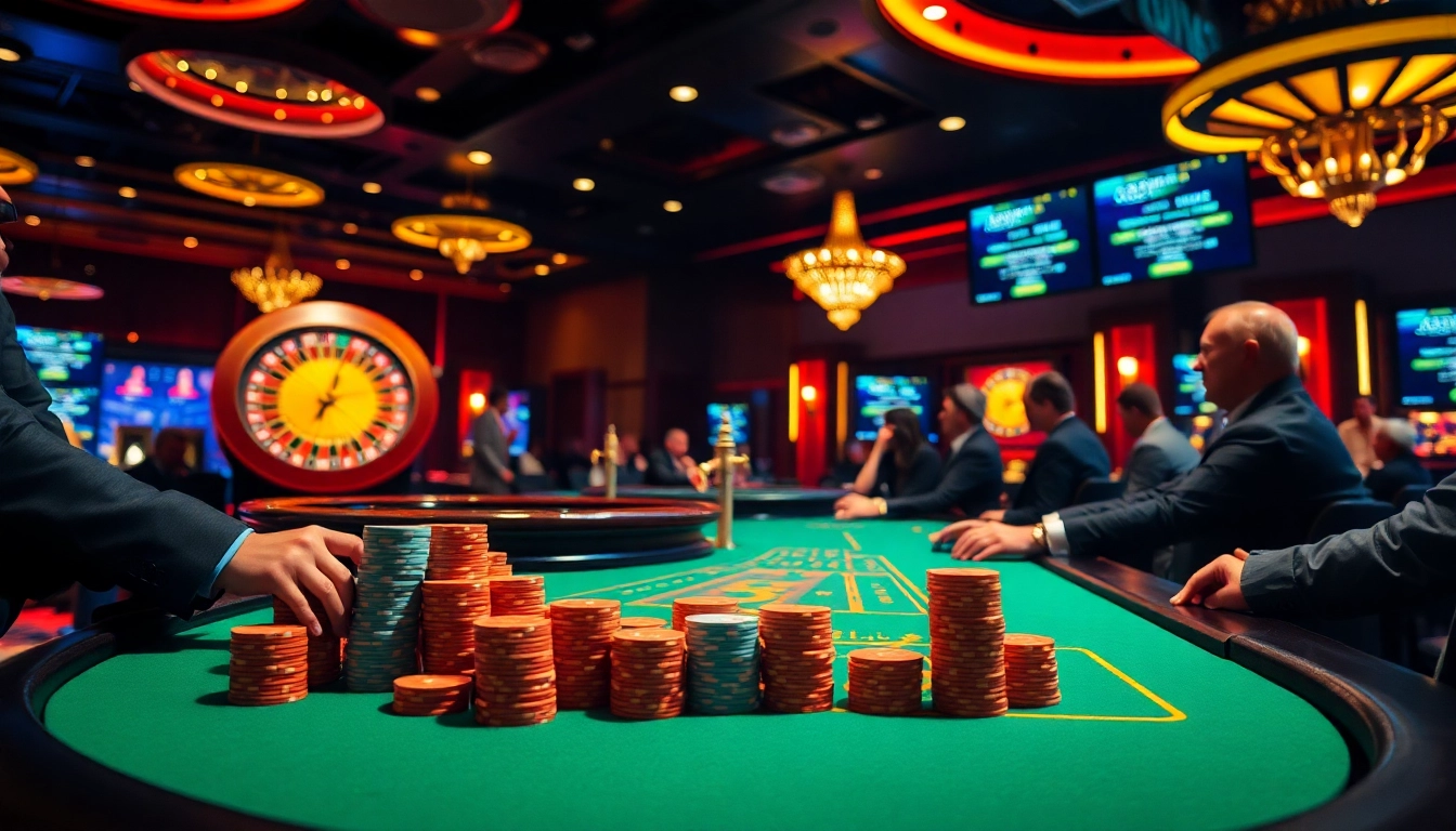 High-stakes poker scene at a casino representing OK8386 with chips, cards, and roulette.