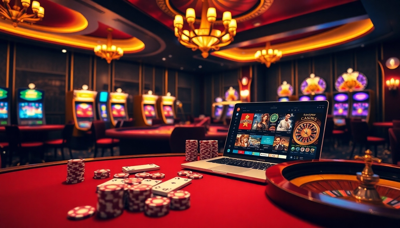 Engaging casino en ligne Français scene featuring vibrant tables, poker chips, and a stylish online interface.