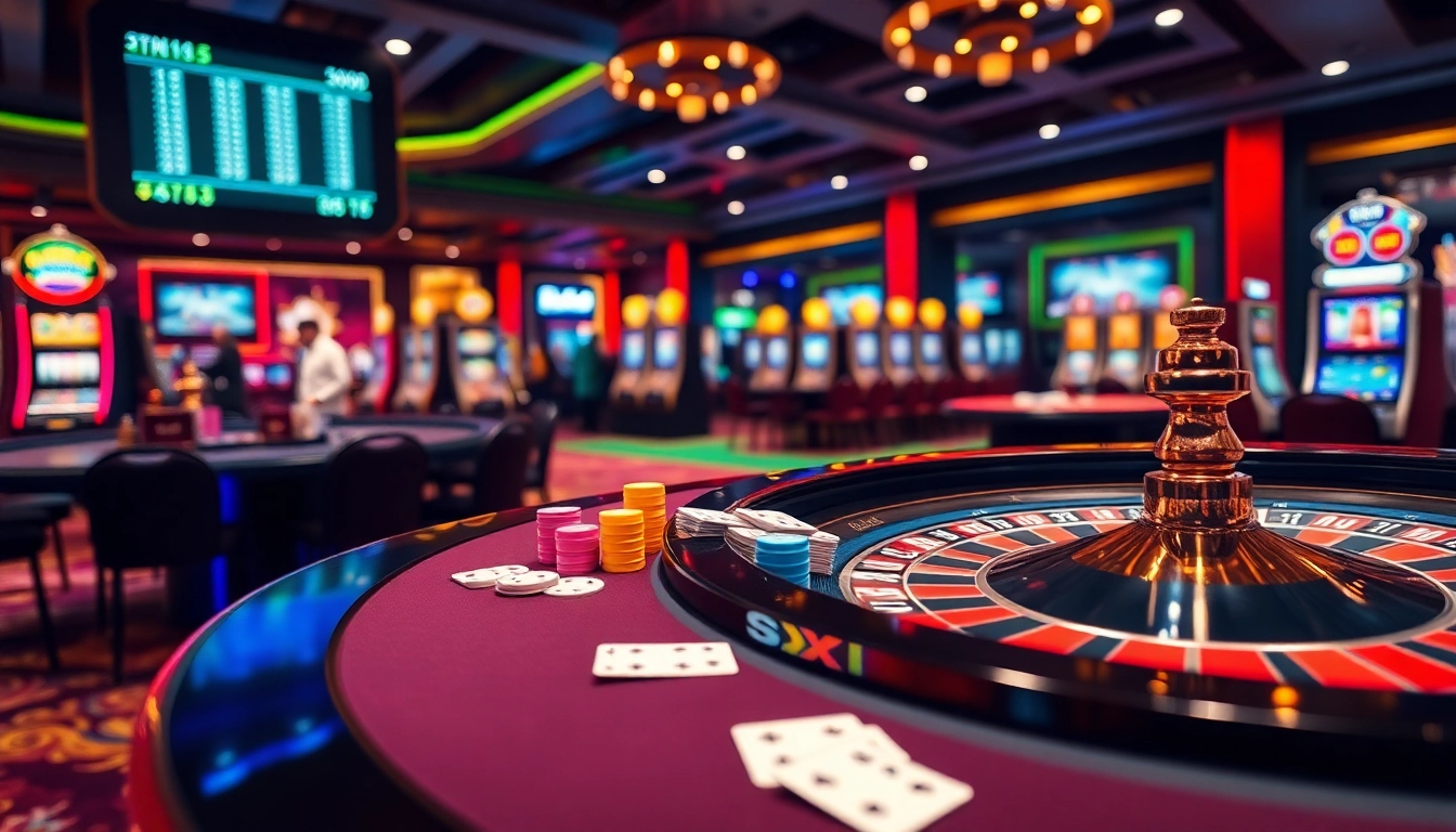 Engaging high-stakes gameplay at https://max88.bz/ with casino tables, betting odds, and vibrant poker chips.
