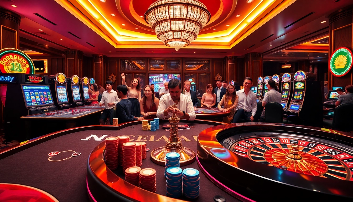 Engaging sense of excitement at nhà cái kjc with vibrant gambling activities in a luxurious casino.